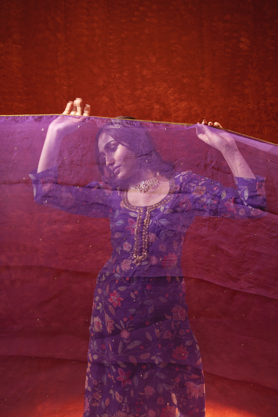 PURPLE SUIT WITH METAL EMBROIDERY with Dupatta